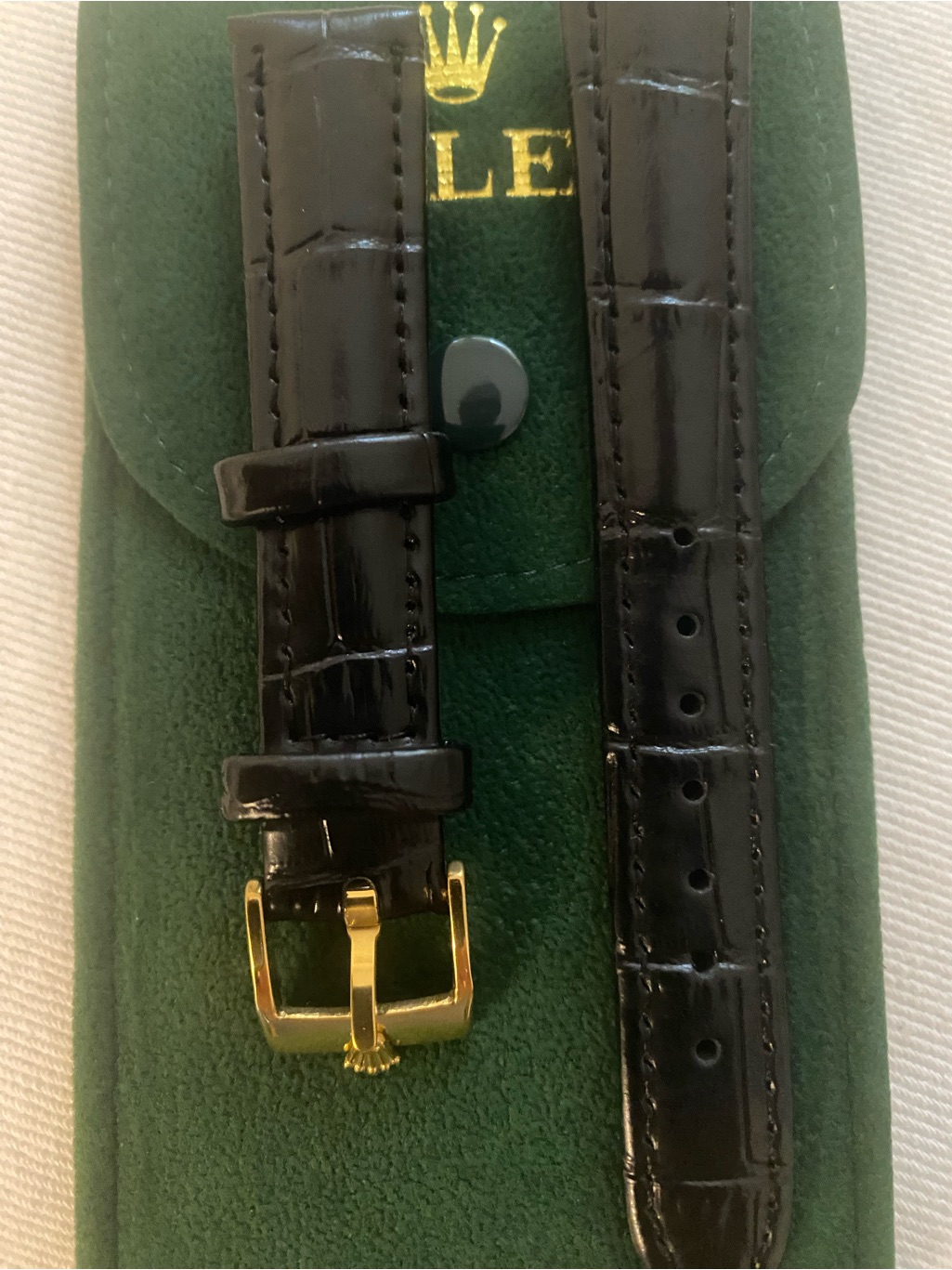 Black CrocEmbossed Leather Watch Strap With Gold Buckle 16mm Rolex
